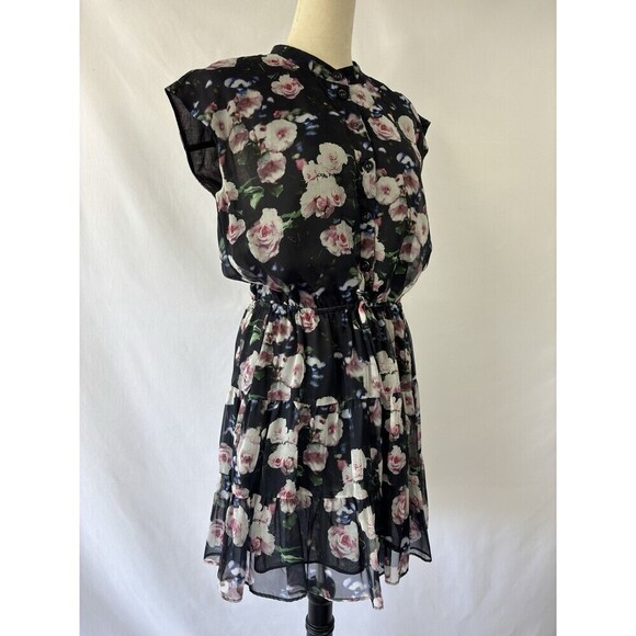 Rebecca Minkoff Shirt Dress Black Floral Medium Mini Sleeveless Drawstring Waist - Picture 12 of 12